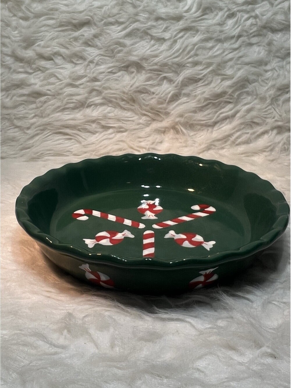 Christmas Candy Cane Ceramic Green Pie Dish